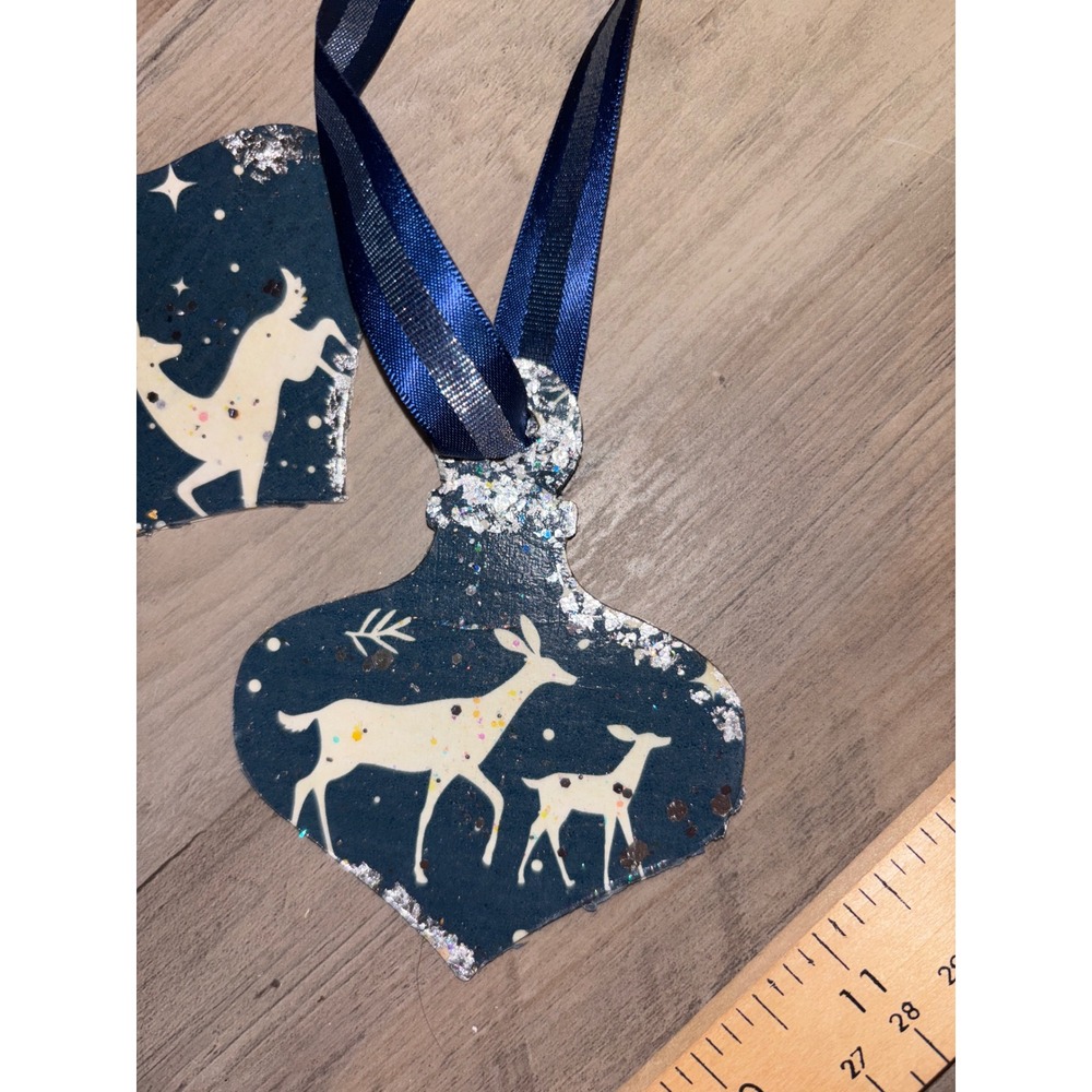 Set of 6 Christmas Ornaments Reindeer Snowflake Glitter Rustic Home Decor - Picture 5 of 6